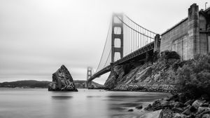 Preview wallpaper bridge, rocks, bw, sea, fog