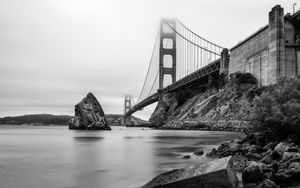 Preview wallpaper bridge, rocks, bw, sea, fog