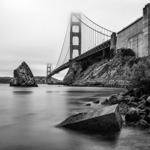 Preview wallpaper bridge, rocks, bw, sea, fog
