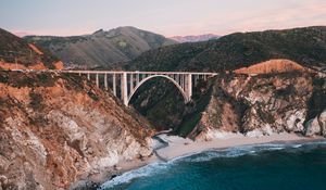 Preview wallpaper bridge, rocks, peaks, sea