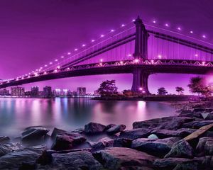 Preview wallpaper bridge, rocks, river, city, city on the water, reflection