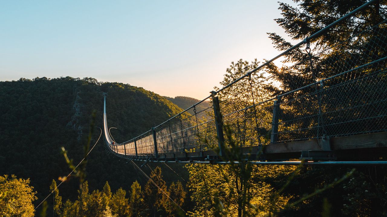 Wallpaper bridge, rocks, trees, grass