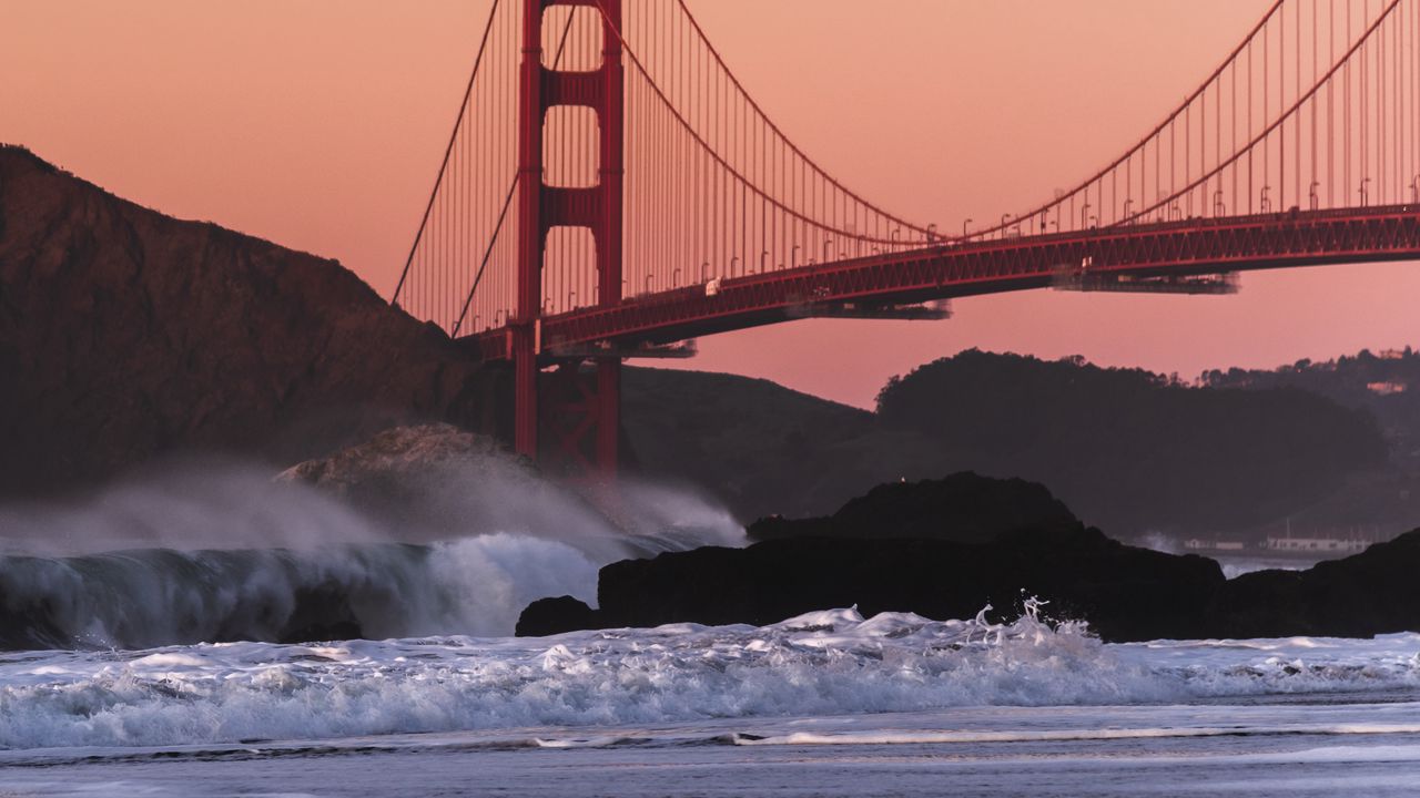 Wallpaper bridge, rocks, waves, spray, shore