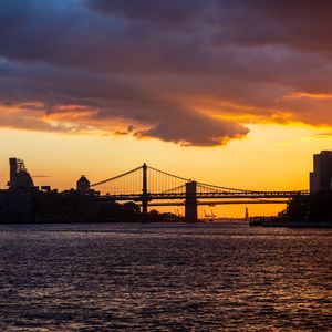 Preview wallpaper bridge, sea, buildings, silhouettes, twilight