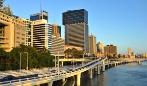 Preview wallpaper bridge, sea, buildings, skyscrapers, metropolis