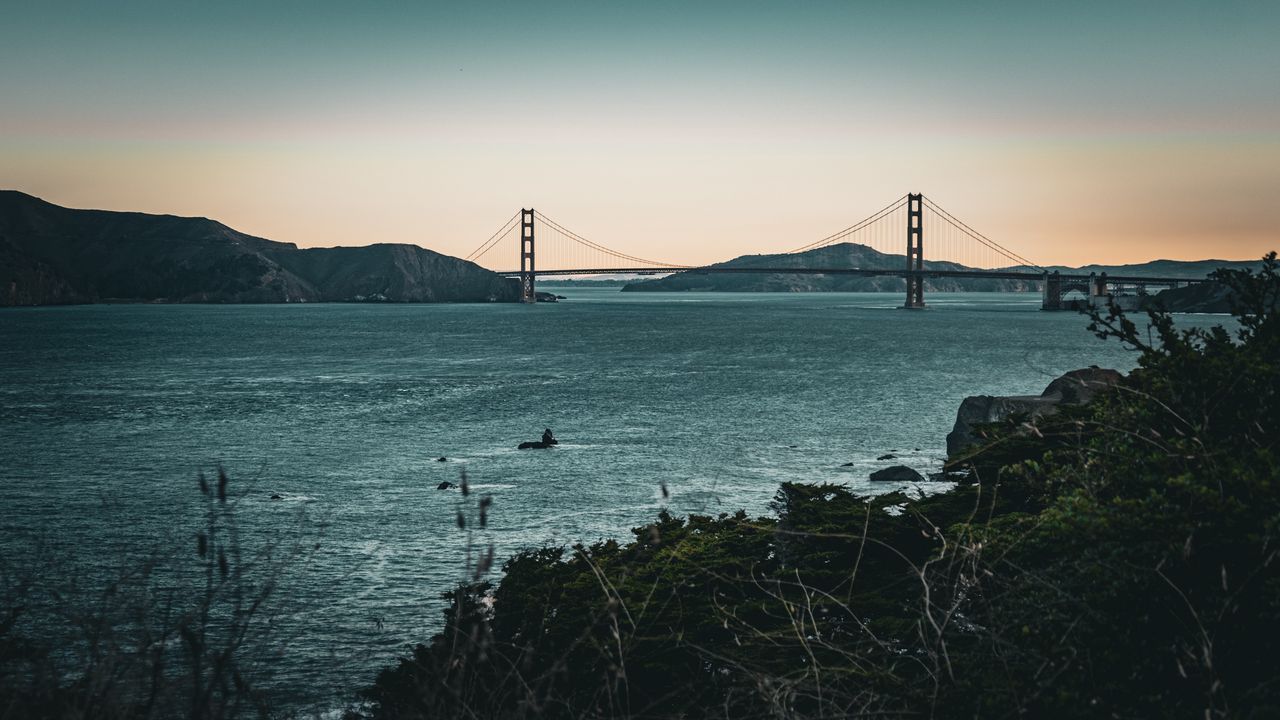 Wallpaper bridge, sea, coast, hills