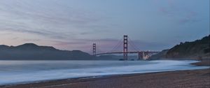 Preview wallpaper bridge, sea, coast, mountains