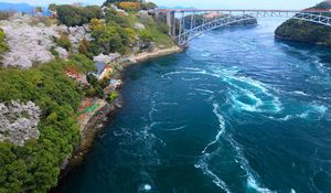 Preview wallpaper bridge, sea, from above, embankment, trees, flowering, current, streams