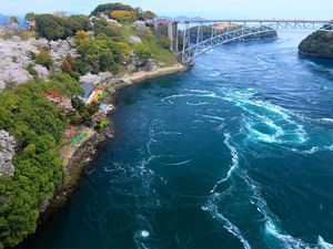 Preview wallpaper bridge, sea, from above, embankment, trees, flowering, current, streams