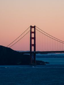 Preview wallpaper bridge, sea, hill, silhouettes, evening