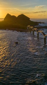 Preview wallpaper bridge, sea, mountains, silhouette, nature, sunset