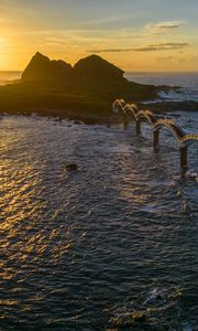 Preview wallpaper bridge, sea, mountains, silhouette, nature, sunset