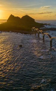 Preview wallpaper bridge, sea, mountains, silhouette, nature, sunset