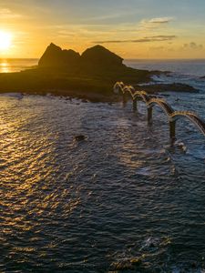 Preview wallpaper bridge, sea, mountains, silhouette, nature, sunset