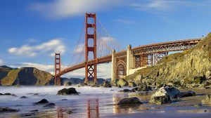 Preview wallpaper bridge, sea, stones, sky