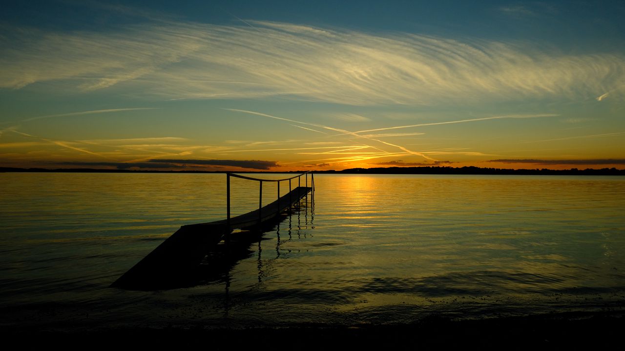 Wallpaper bridge, sea, sunset, horizon, river, pier, shore, sky