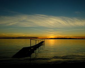 Preview wallpaper bridge, sea, sunset, horizon, river, pier, shore, sky