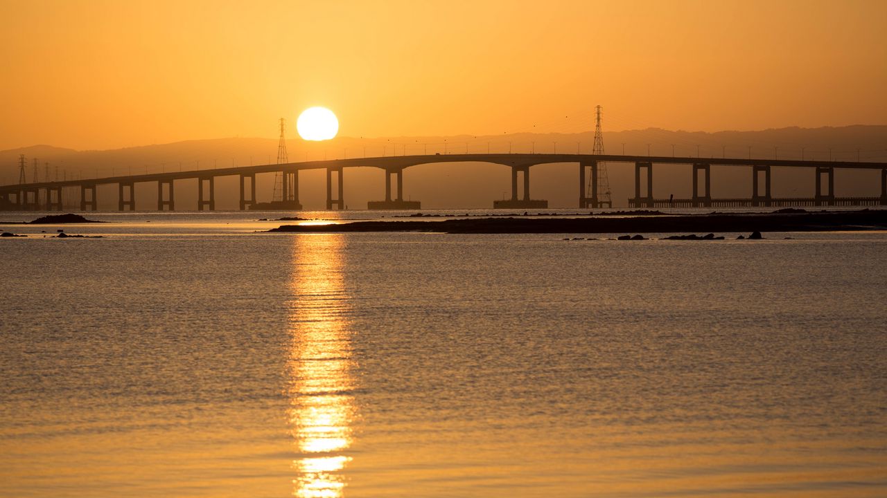Wallpaper bridge, sea, sunset, nature