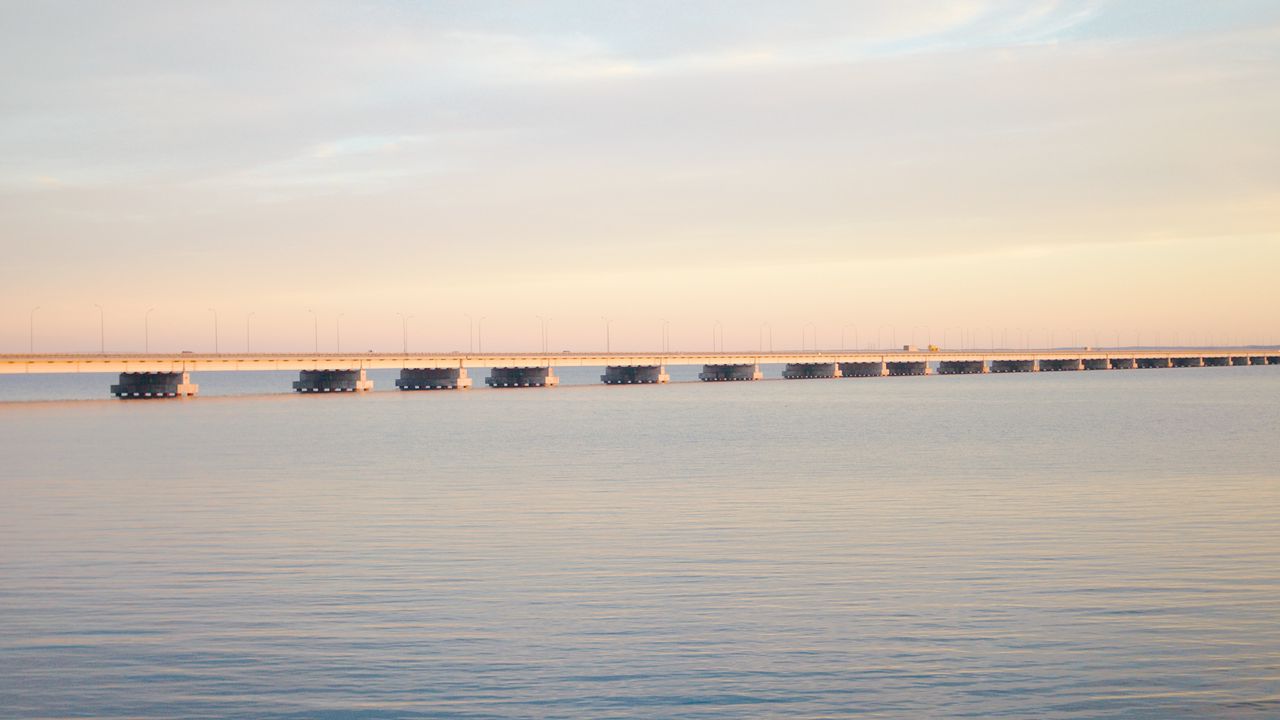 Wallpaper bridge, sea, water, sky, horizon