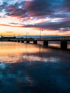 Preview wallpaper bridge, sea, water, reflection, sunset