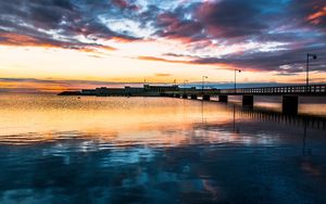 Preview wallpaper bridge, sea, water, reflection, sunset