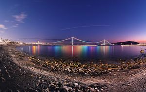 Preview wallpaper bridge, shore, strait, evening, akashi-kaikyo bridge, japan