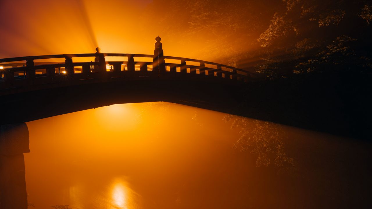 Wallpaper bridge, silhouette, fog, light