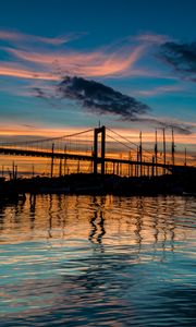 Preview wallpaper bridge, silhouette, lake, water, twilight, dark