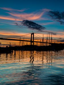 Preview wallpaper bridge, silhouette, lake, water, twilight, dark