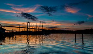 Preview wallpaper bridge, silhouette, lake, water, twilight, dark