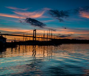 Preview wallpaper bridge, silhouette, lake, water, twilight, dark