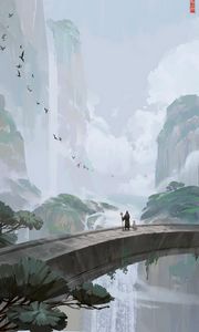 Preview wallpaper bridge, silhouette, waterfall, rocks, art