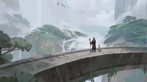 Preview wallpaper bridge, silhouette, waterfall, rocks, art