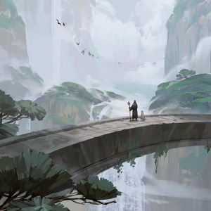 Preview wallpaper bridge, silhouette, waterfall, rocks, art