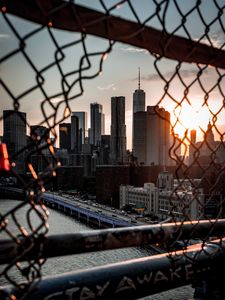 Preview wallpaper bridge, skyscrapers, mesh, fence, sunlight