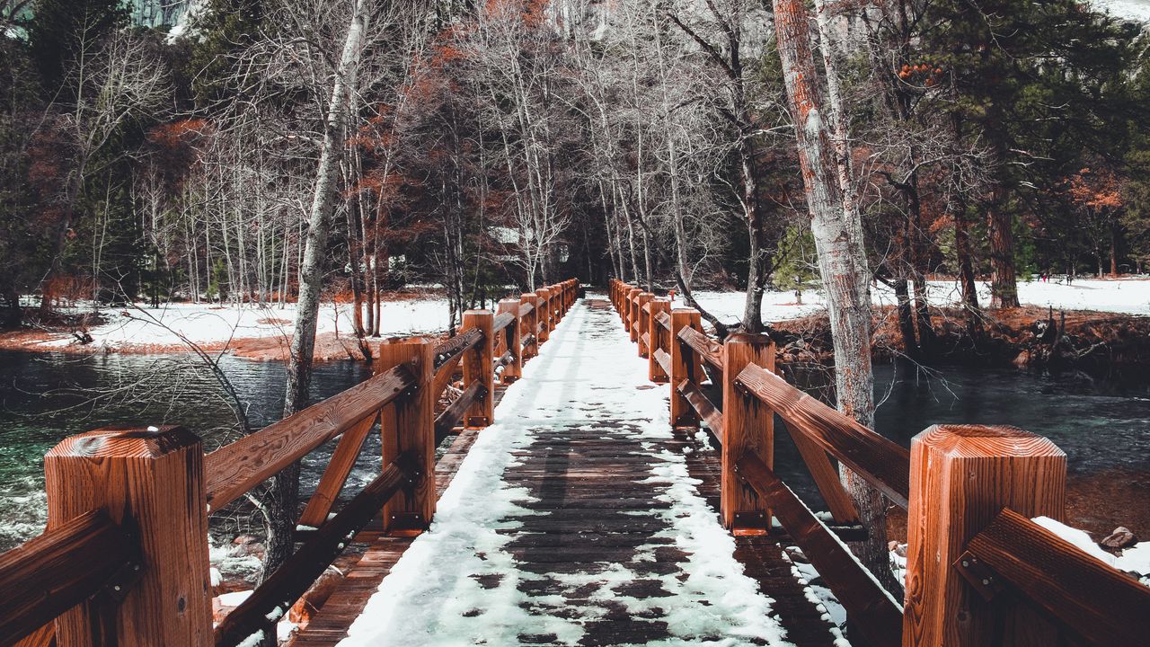 Wallpaper bridge, snow, winter, trees, spring