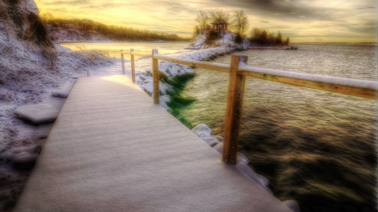 Wallpaper bridge, snow, winter, handrail, sea