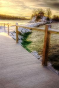 Preview wallpaper bridge, snow, winter, handrail, sea