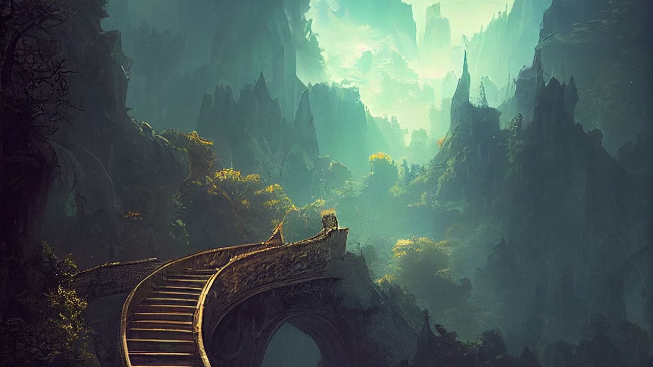 Wallpaper bridge, stairs, mountains, fog, landscape, fantasy, art