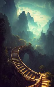 Preview wallpaper bridge, stairs, mountains, fog, landscape, fantasy, art