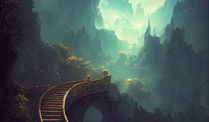 Preview wallpaper bridge, stairs, mountains, fog, landscape, fantasy, art