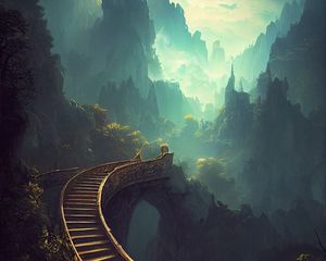 Preview wallpaper bridge, stairs, mountains, fog, landscape, fantasy, art