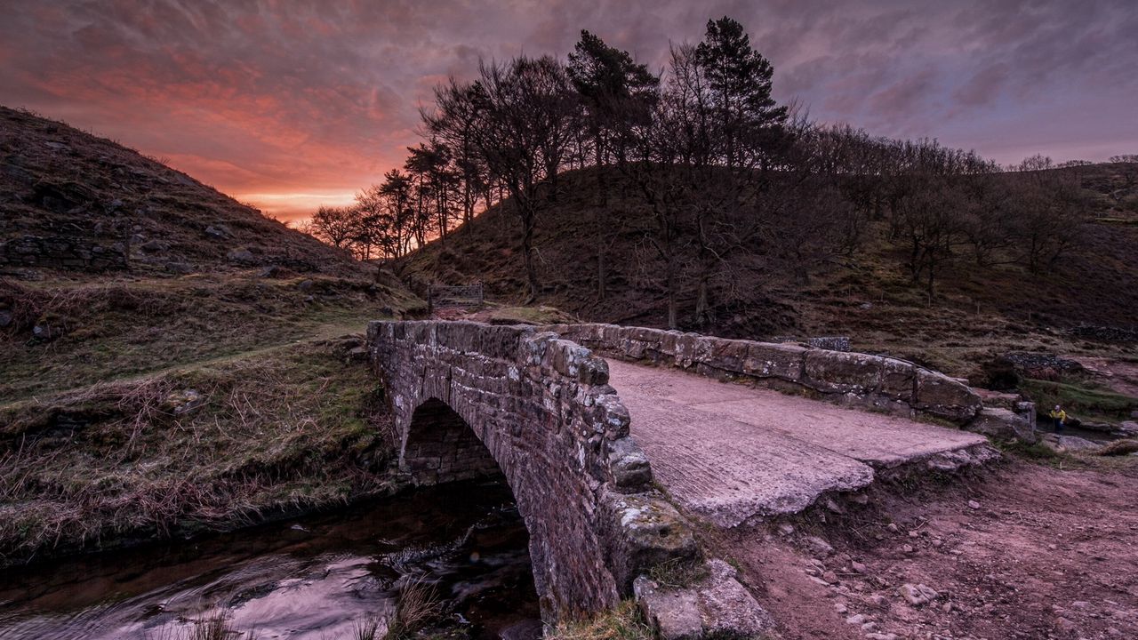 Wallpaper bridge, stone, river, trees, evening, crossing