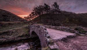 Preview wallpaper bridge, stone, river, trees, evening, crossing