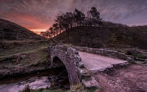 Preview wallpaper bridge, stone, river, trees, evening, crossing