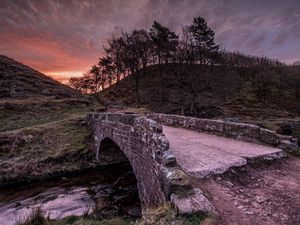 Preview wallpaper bridge, stone, river, trees, evening, crossing