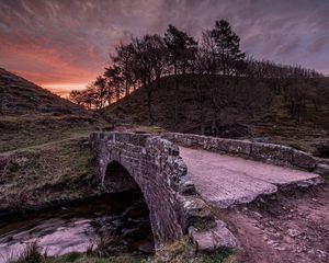 Preview wallpaper bridge, stone, river, trees, evening, crossing