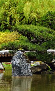 Preview wallpaper bridge, stones, trees, pond, timbered, greens, summer, smooth surface