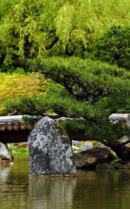 Preview wallpaper bridge, stones, trees, pond, timbered, greens, summer, smooth surface