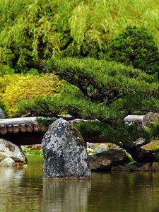 Preview wallpaper bridge, stones, trees, pond, timbered, greens, summer, smooth surface